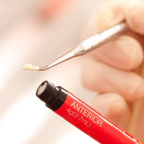 a dentist holding a tube of composite resin