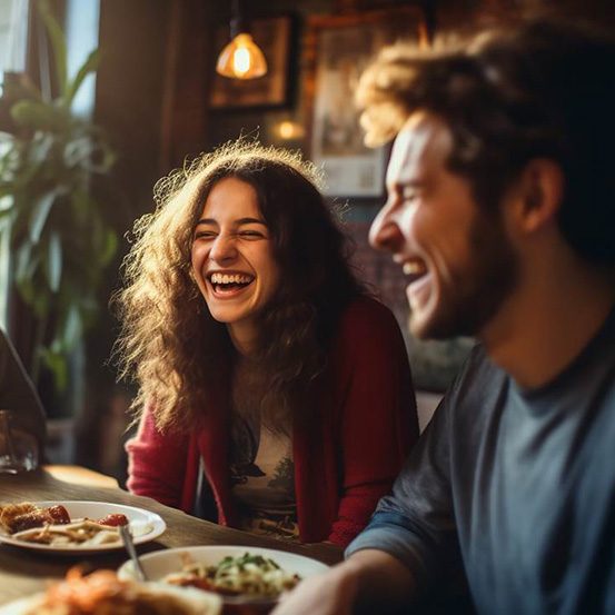 group of young friends eating and laughing together 