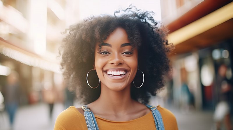 Lady smiles on street.